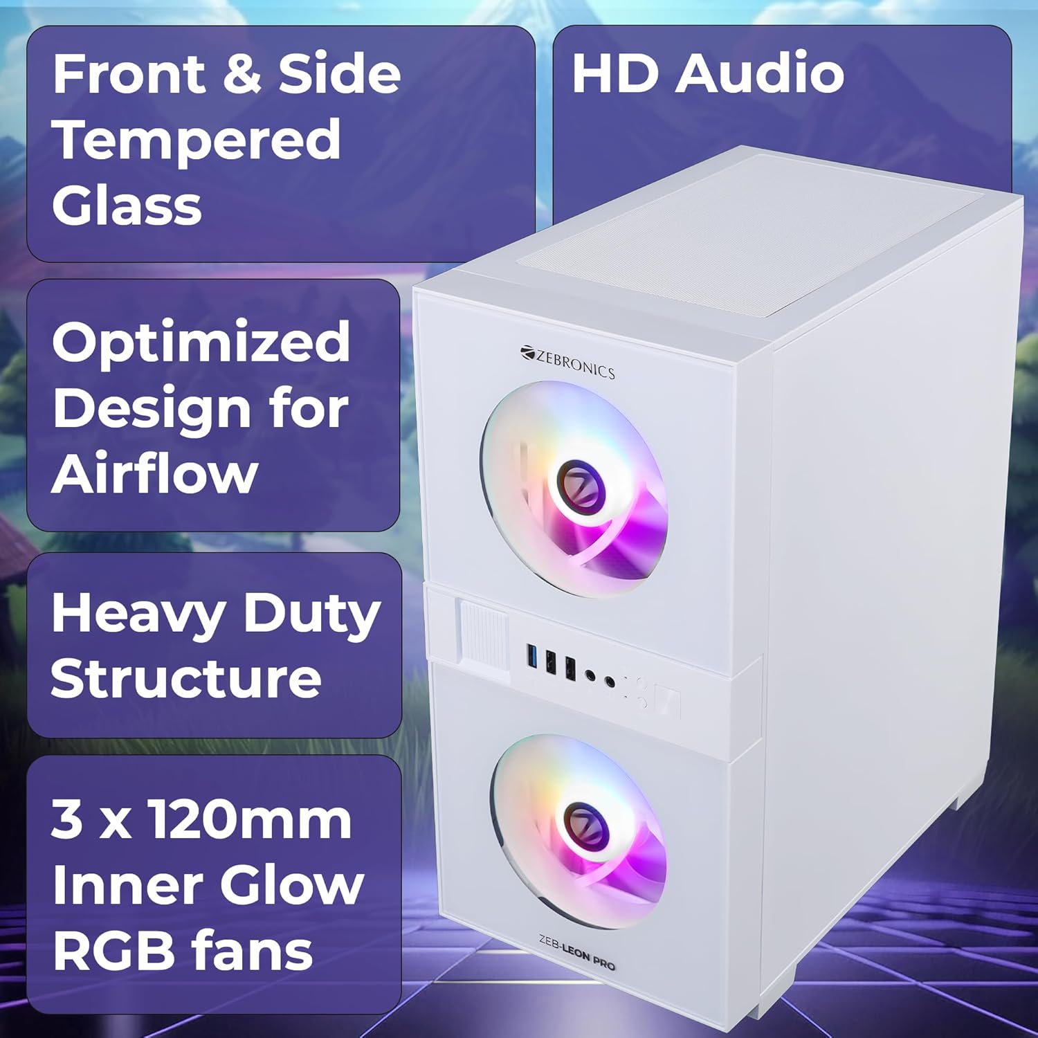 CABINET Leon PRO Premium Gaming Cabinet/Case ZEBRONICS WHITE